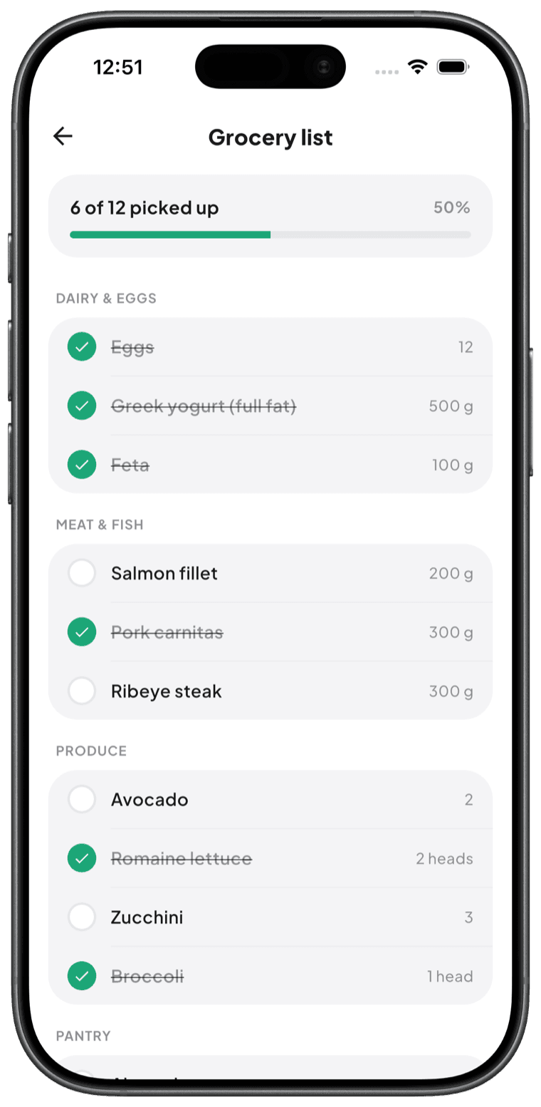 CarbMeNot auto-generated grocery list of ingredients for a meal plan