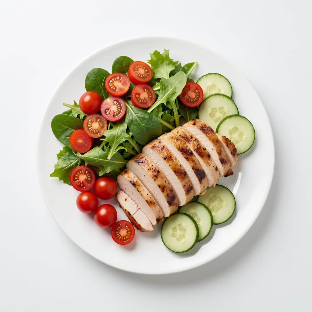 Weight-loss meal of sliced grilled chicken breast with a fresh green salad and cherry tomatoes