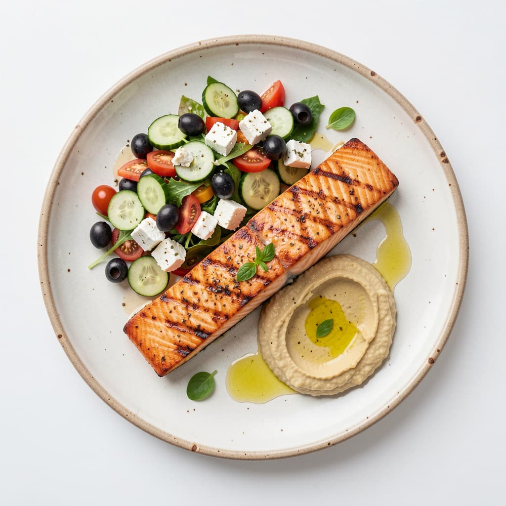 Mediterranean meal plate with grilled salmon, a Greek salad with feta and olives, and hummus