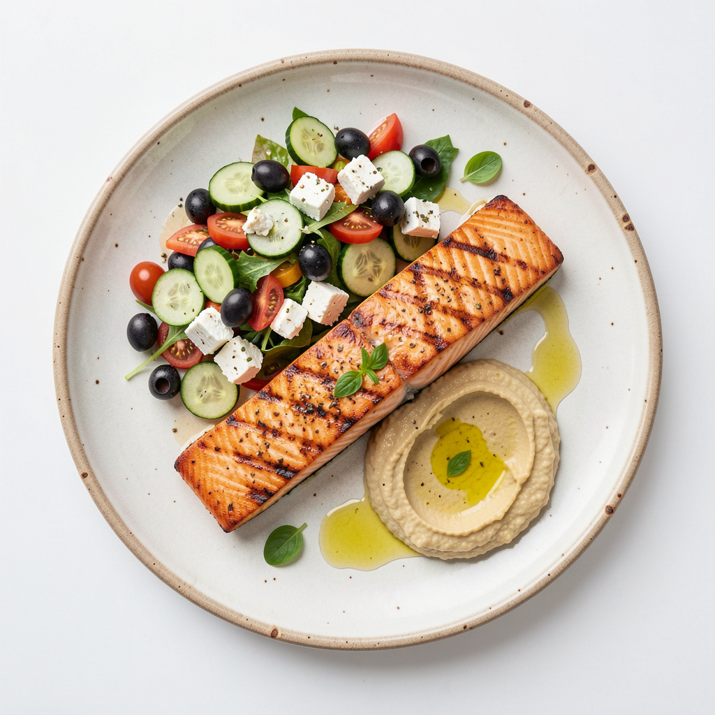 Mediterranean meal plate with grilled salmon, a Greek salad with feta and olives, and hummus